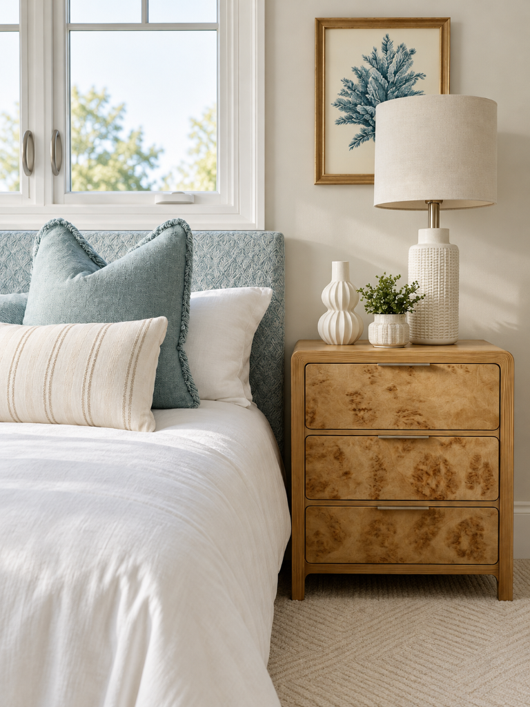 Sunlit bedroom with soft blue linens and burl-wood nightstand