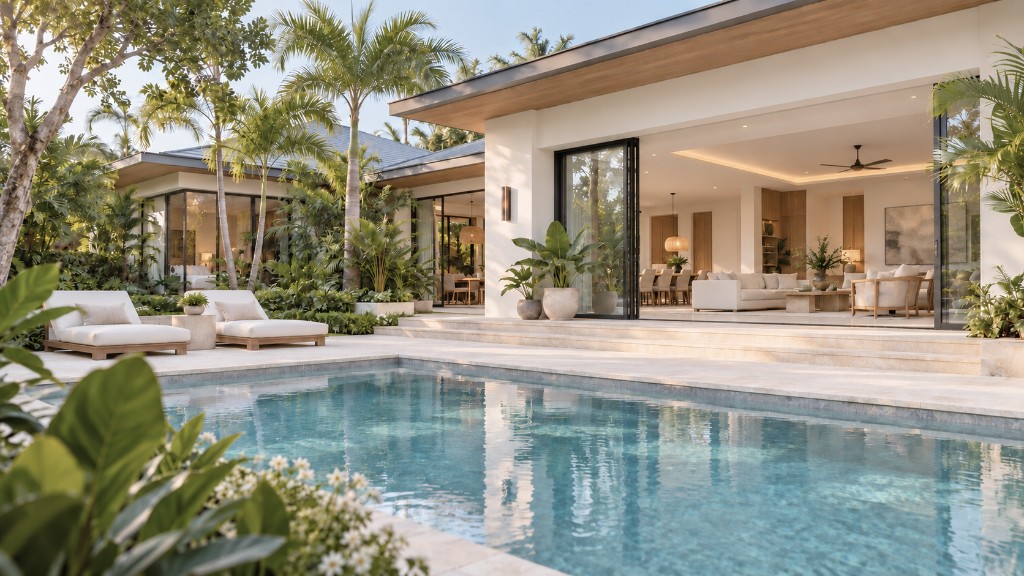 Single-storey home with open glass doors leading from a living room to a pool and tropical garden