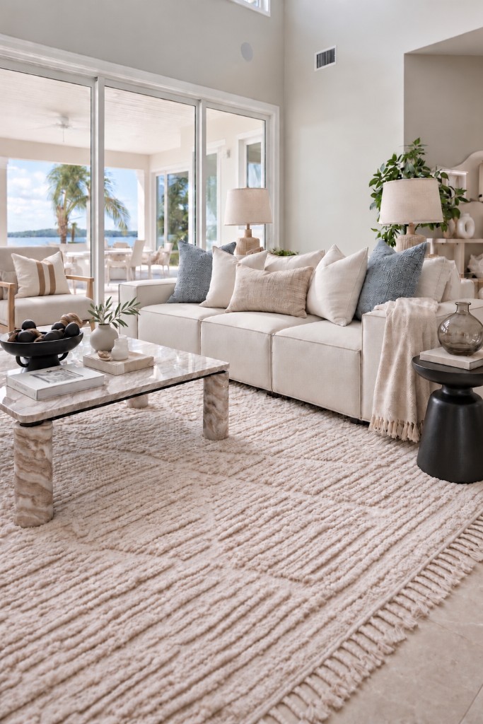 High-ceilinged living room with a cream sofa, dusty-blue cushions and tall windows to a covered terrace and the water