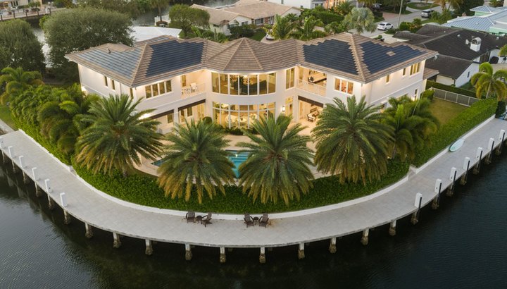 Aerial view of the estate on its point lot along the canal