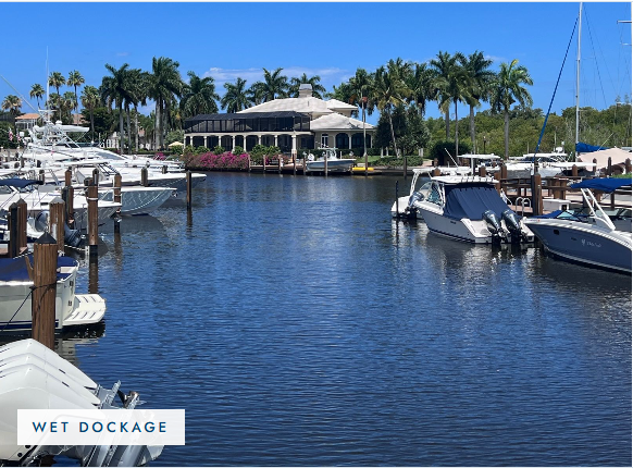 Boats in wet slips at Dania Beach Marina, with the waterfront clubhouse and palm-lined shore behind