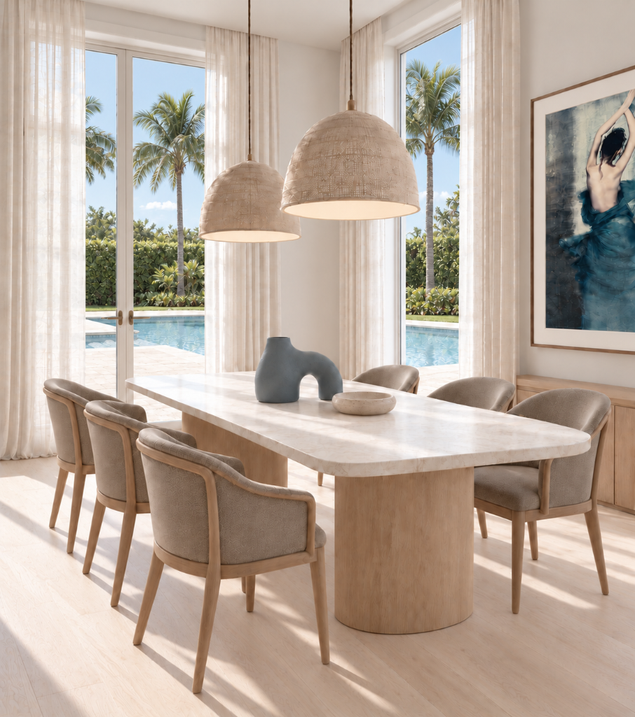 Light-filled dining room with a long table and natural textures