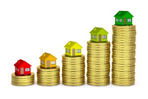 Raising Heaps of Coins with House on Top, Energetic Class Concept 3D Illustration on White Background